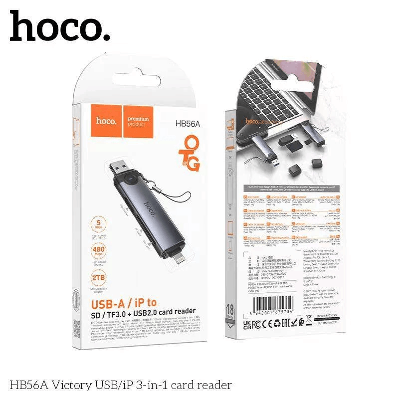 การ์ดรีดเดอร์ 3IN1 HOCO HB56A USB + IOS LIGHTNING อ่าน SD CARD, MICRO SD CARD, USB FLASH DRIVE รองรับ OTG ความเร็วสูง 5GBPS